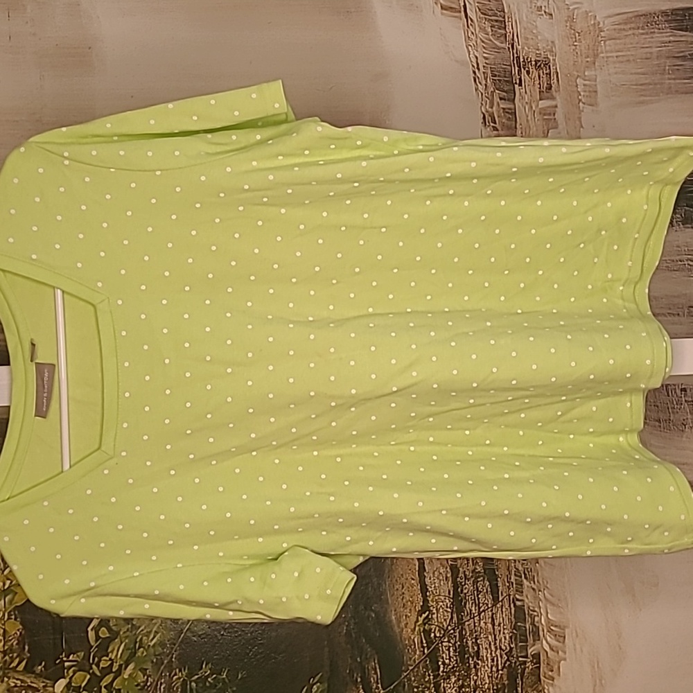 Croft & Barrow Womens Lime Green white polka dot casual short sleeve Tshirt
